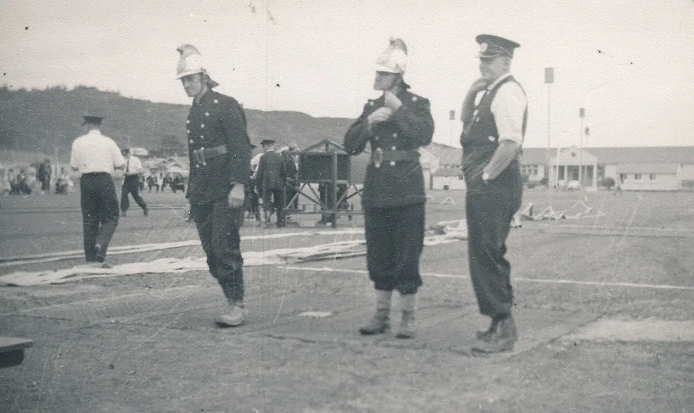 Silverstream Volunteer Fire Brigade; competitions; 1959, Greymouth; Len and Fred Stringer in two-man straight