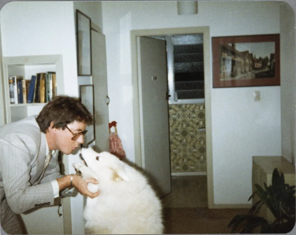 Young male with pet dog, possibly Colin Gibbs' son [P1-294-1502]