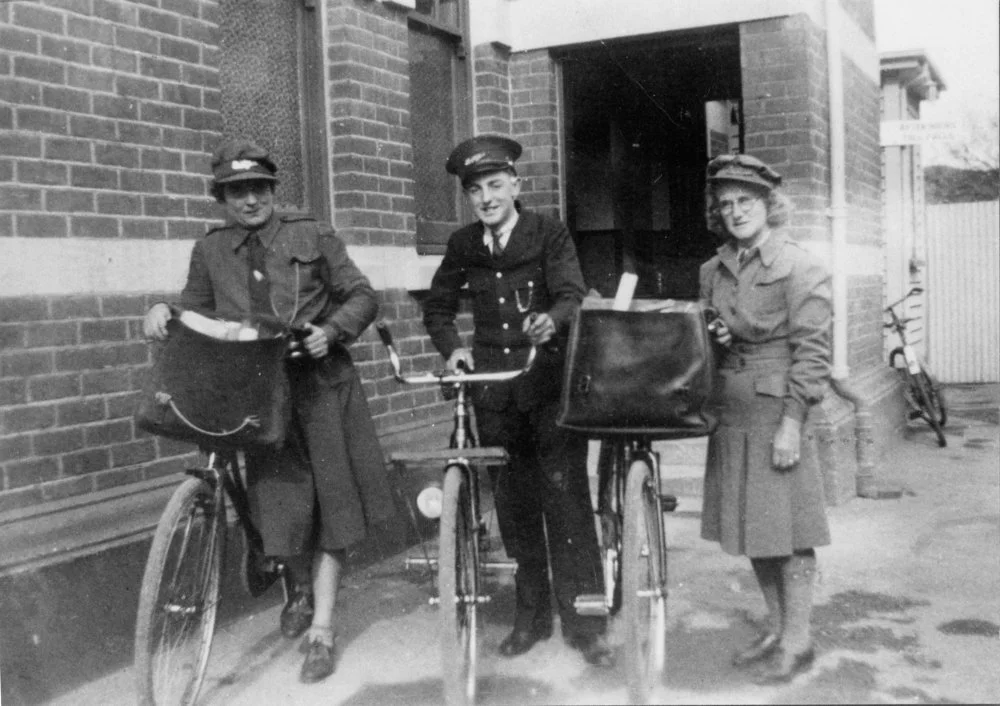 Post Office; first postwomen in Upper Hutt, at the back door of the Post Office.