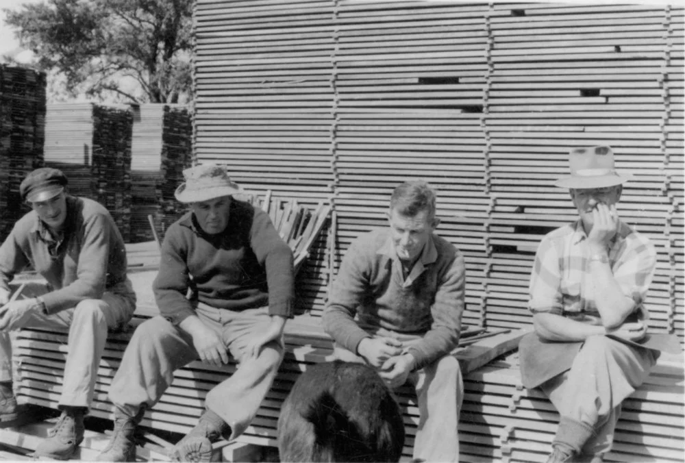 Timber industry; Campbells Sawmills Ltd, Goodshed Road; staff group; Doug Brown, Tom Poulson, Norm Weatherly, George Philips.