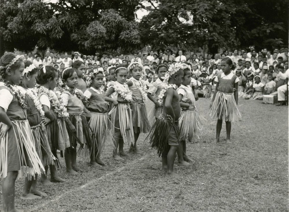 Polynesian school children (probably Niuean) performing an action song. [P1-403-1965]