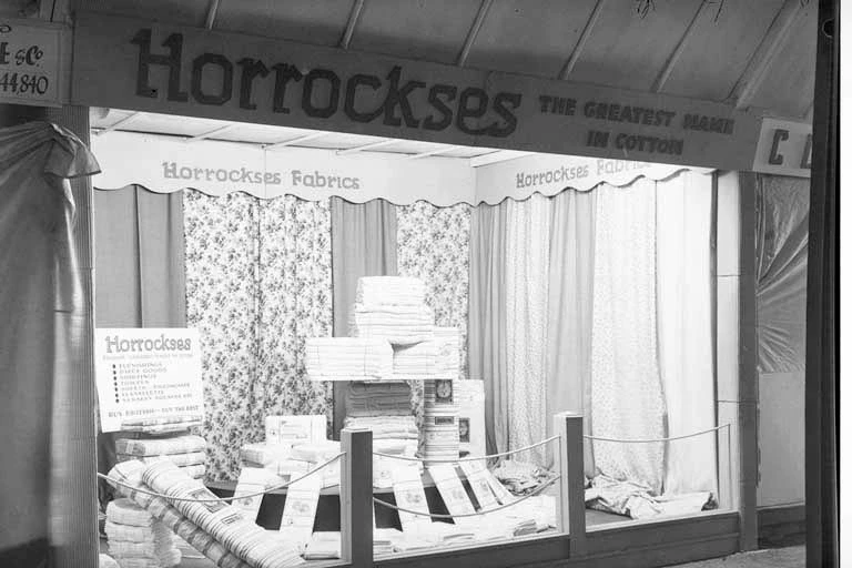 Photo of John Court's window showing a display of Horrockses cotton fabrics, display by Haddrall and Co Ltd