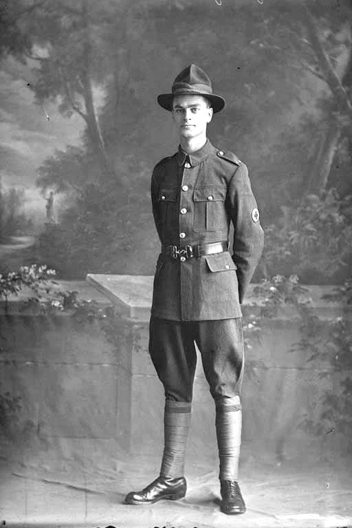 Full length portrait of Private Rudolph Baeyertz, Reg No 3/3144, of the New Zealand Medical Corps.