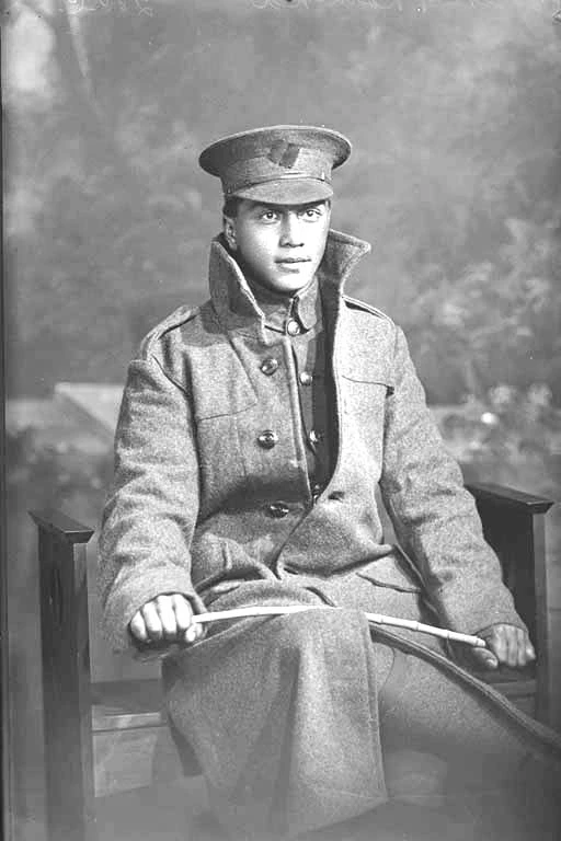 3/4 portrait of Private Percy Rameka, Reg No 16/1574, of the 5th Maori Contingent, New Zealand Maori Pioneer Battalion. Died at sea en route to New Zealand from France on 26 May 1918.