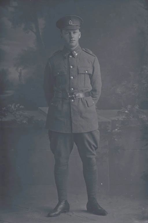 Full length portrait of Rifleman Frederick Charles Urwin, Reg No 18508, of the New Zealand Rifle Brigade, 6th Reinforcements to the 3rd Battalion, - G Company. Killed in action in France on 12 October 1917 at the Battle of Passchendaele.