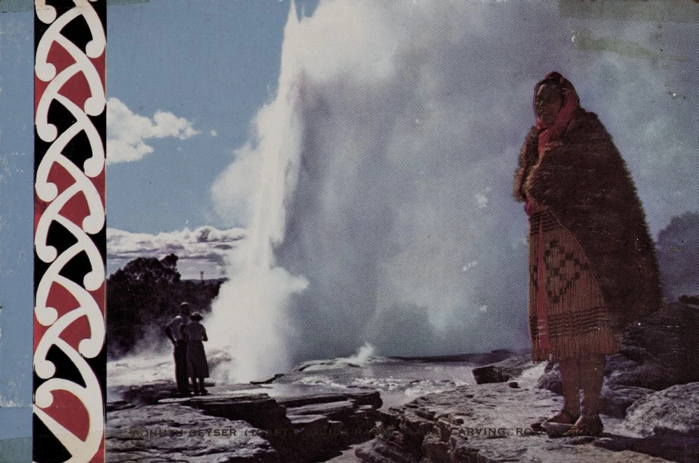 Pohutu Geyser (100ft.), Guide Rangi, Maori Carving, Rotorua, N.Z.
