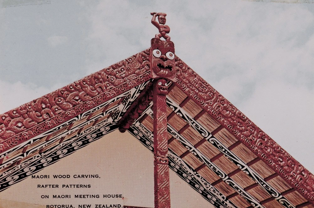 Maori Wood Carving, Rafter Patterns on Maori Meeting House, Rotorua, New Zealand