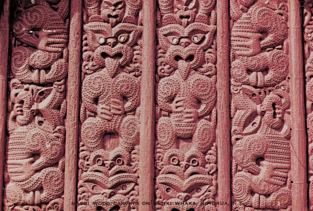 Maori Wood Carving on Patiki Whaka, Rotorua, N.Z.