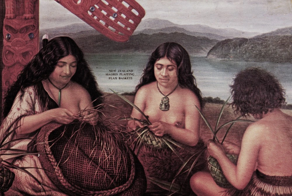 New Zealand Maoris plaiting flax baskets