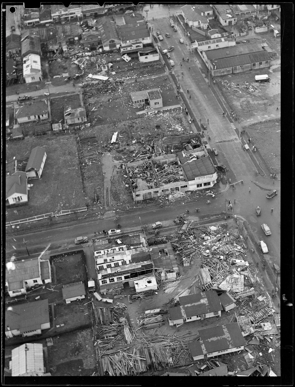 Wrecked factories and business premises in an industrial part of Frankton