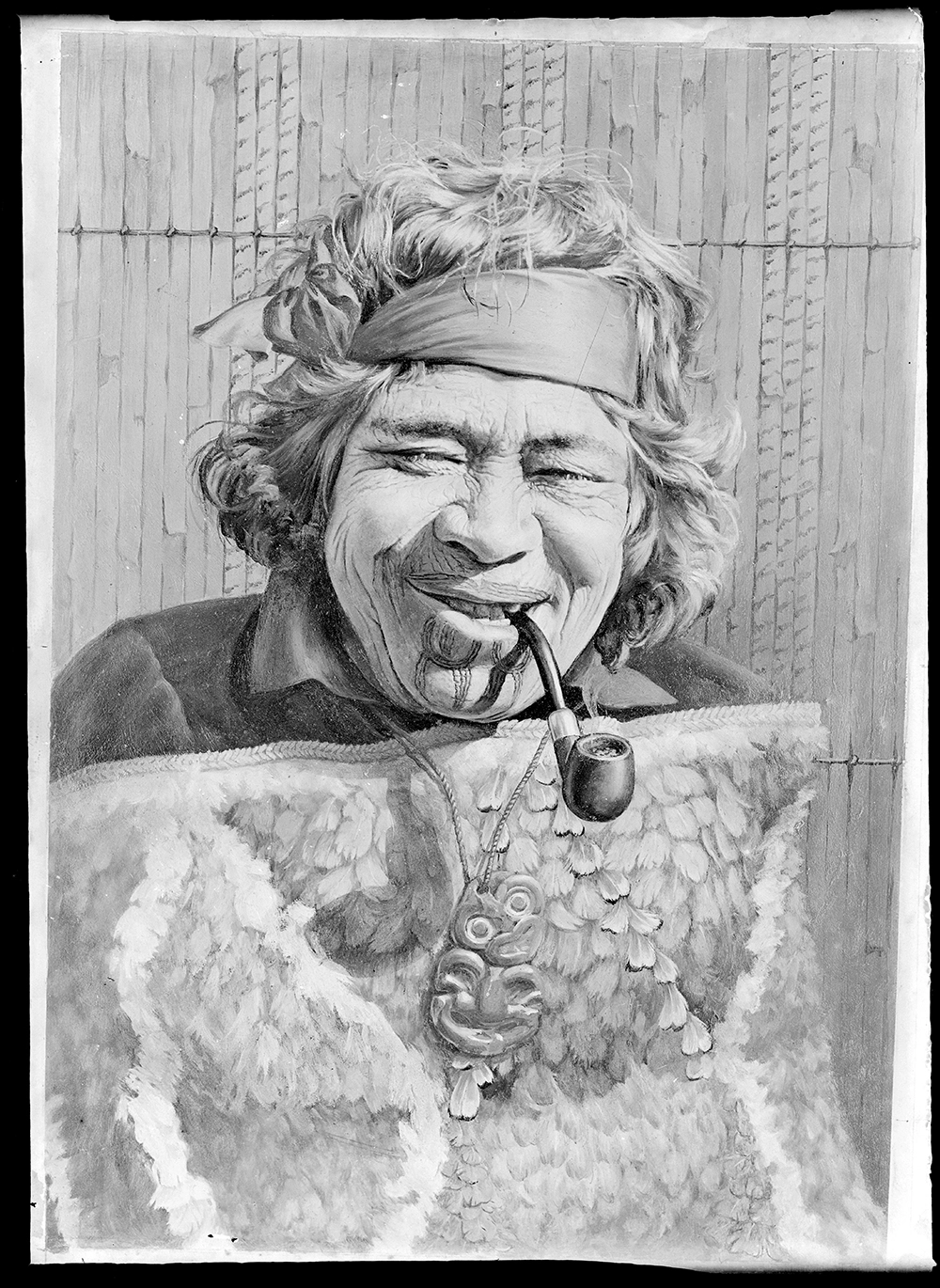 Goldie painting - smiling woman (kuia) with pipe