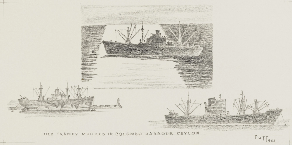 Old tramps moored in Colombo Harbour, Ceylon