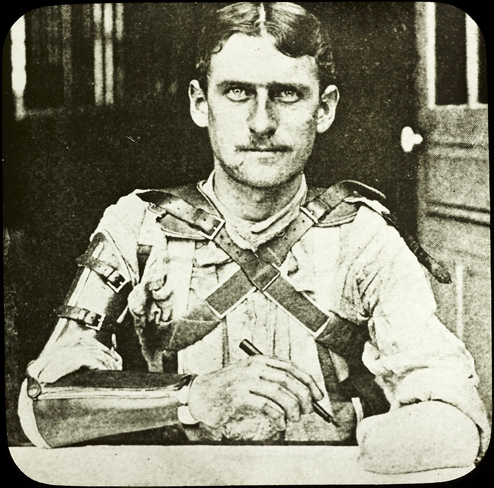 Quarter length portrait of a unidentified wounded soldier missing his left arm