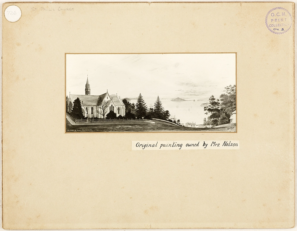 A watercolour painting by Alfred Sharpe of St Paul's Church on Emily Place, Auckland.