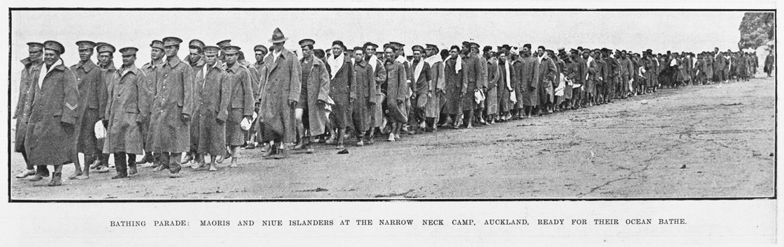 Bathing parade Maoris and Niue Islanders at the Narrow Neck Camp Auckland ready for their ocean bathe