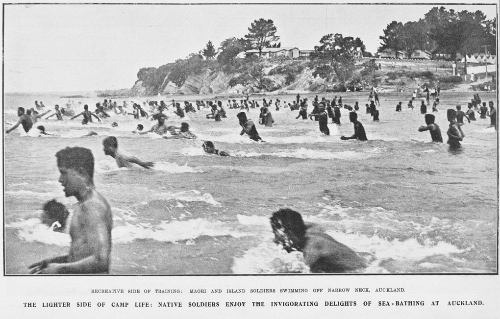 Recreative side of training: Maori and Island soldiers swimming off Narrow Neck, Auckland