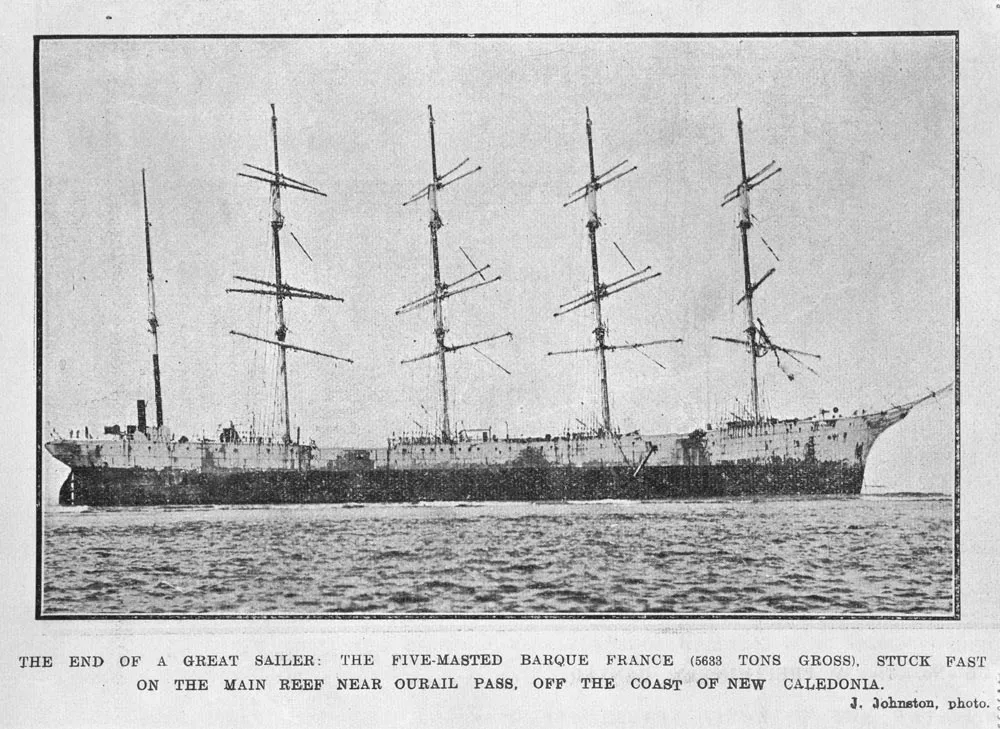 The five masted barque 'La France' stuck fast on the main reef...
