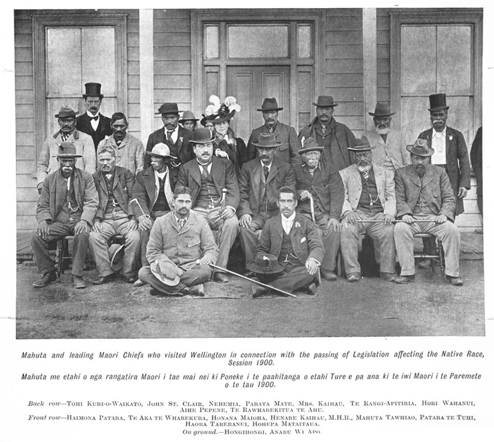 Group portrait of Mahuta and leading Maori chiefs who visited Wellington in connection with the passing of legislation affecting Maori, Session 1900