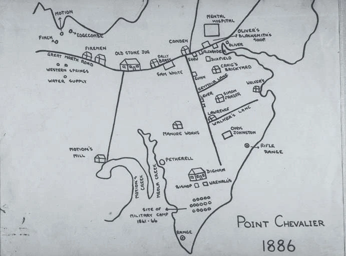 Showing a sketch map of Point Chevalier 1886 with individual....