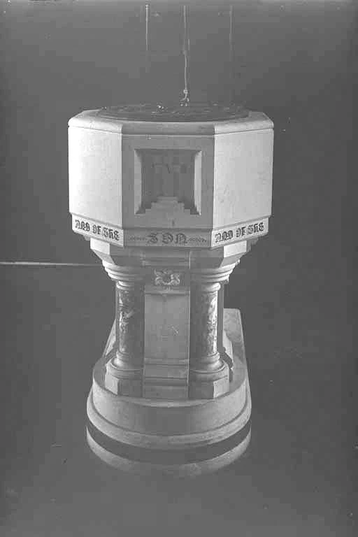 Showing the baptismal font given to St Andrew's, Epsom in....