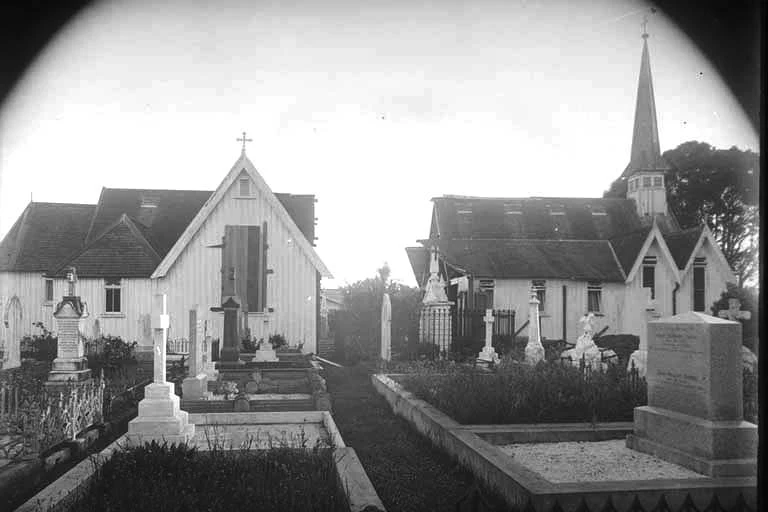 Looking south from the churchyard at St Andrew's Church, Epsom,....