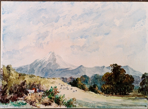 Mount Taranaki from Glenavon, 1856, from a watercolour by Caroline Harriet Abraham