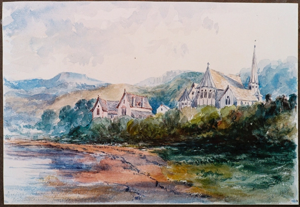 Bishops House and St Pauls Church, Wellington from the Beach Road, 1867, from a watercolour by Caroline Harriet Abraham