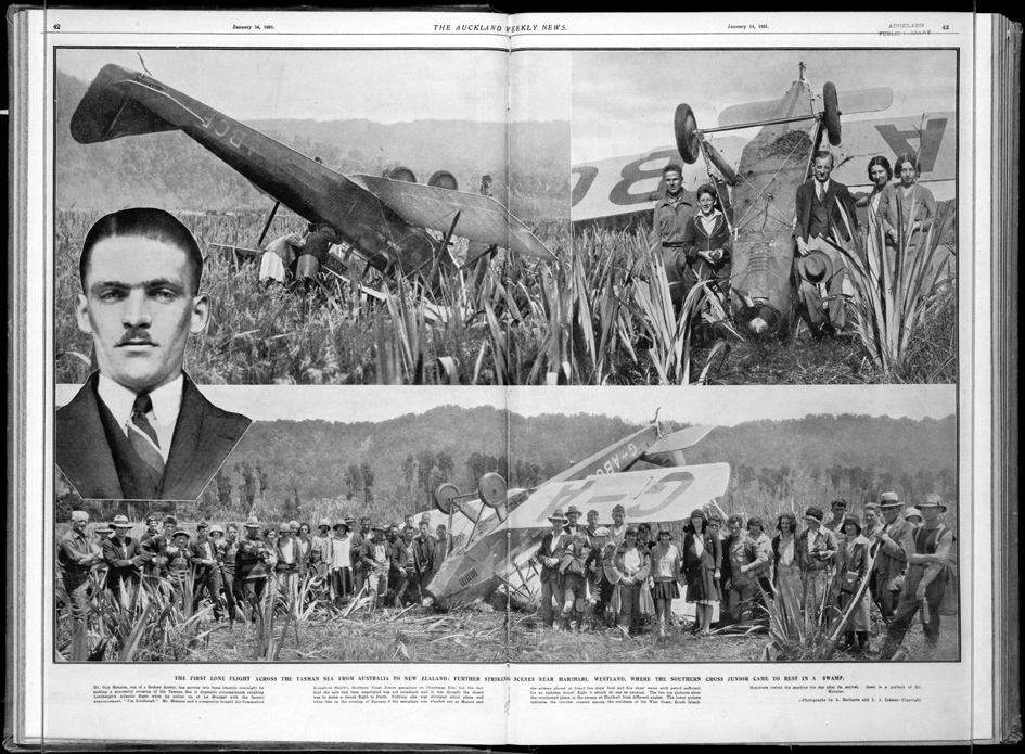 Montage of photographs of pioneer airman Guy Menzies and his crashed plane