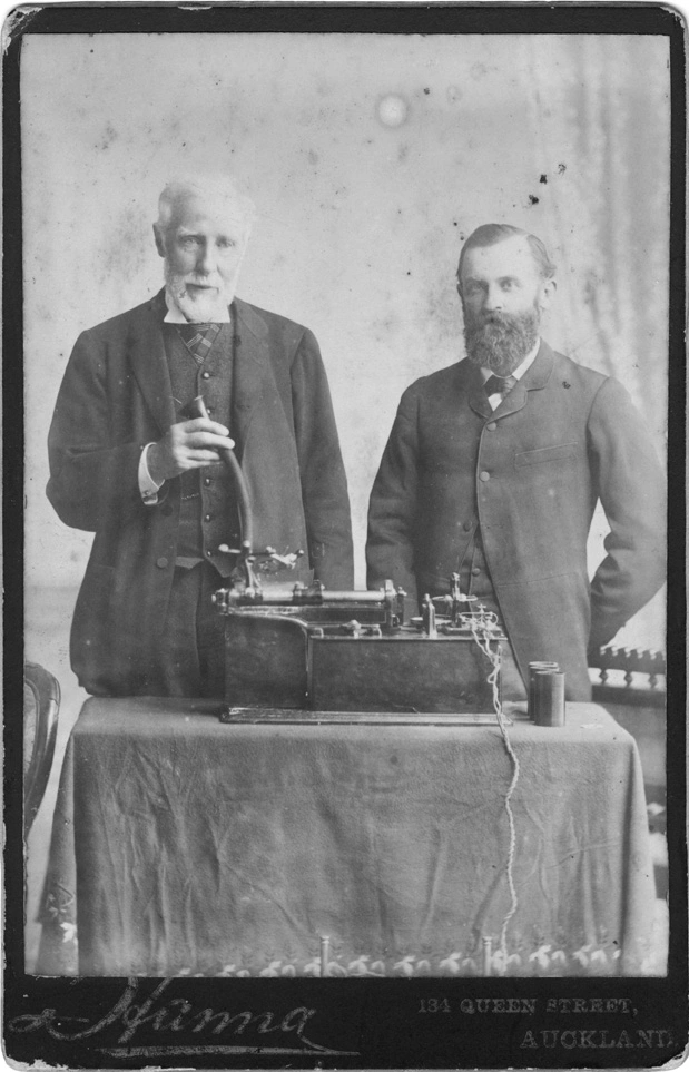 Sir George Grey with John Henry Upton (Mayor of Auckland 1889-1891) and a wax cylinder phonograph recording device