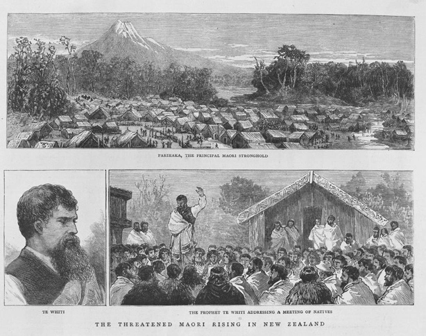 Drawings showing Parihaka, Te Whiti and Te Whiti addressing a crowd, 1881?