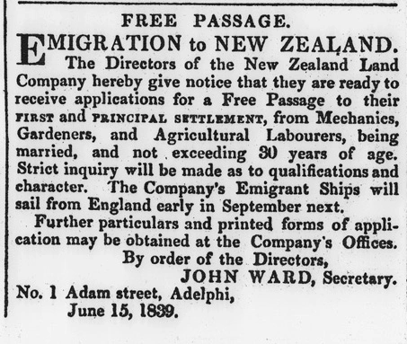 Advertisement for Free Passage Emigration to New Zealand 1839