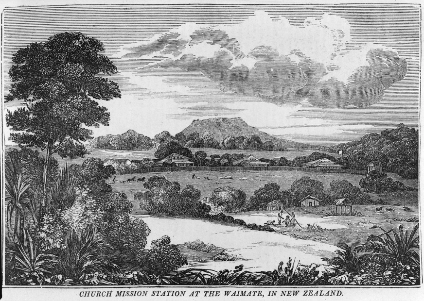 Engraving from the Missionary Register showing the mission station at Waimate...1836