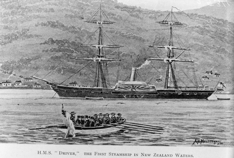 Drawing showing H.M.S Driver, first steamship in New Zealand waters...1846