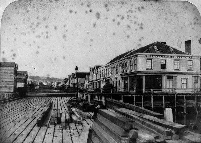 Looking north along Queen Street from Queen Street wharf...1865