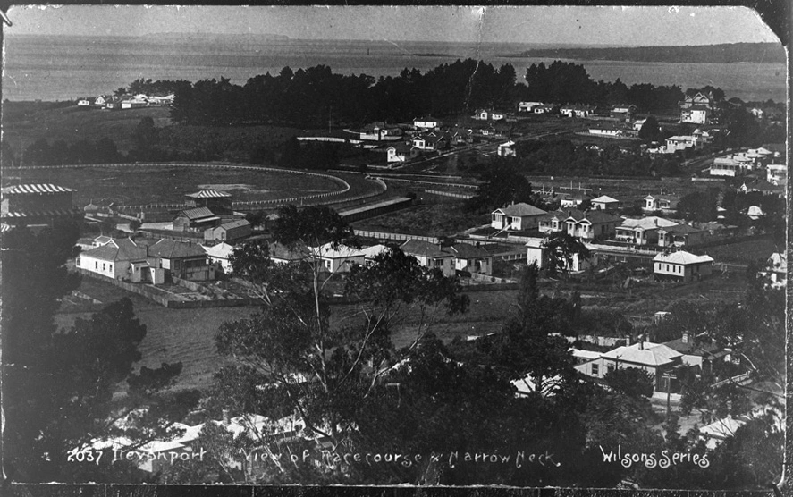 Looking north east from Mount Victoria towards Narrowneck showing Takapuna Racecourse...1910
