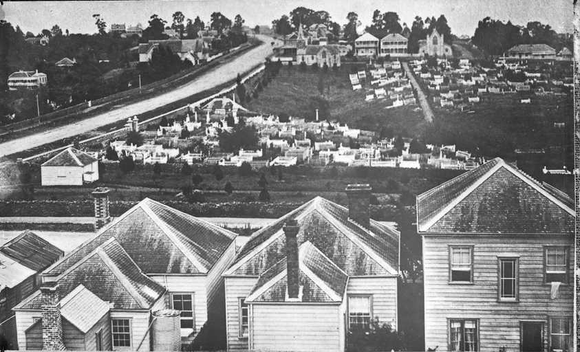 Looking south west showing Karangahape Road, Symonds Street, Grafton cemetery...1883