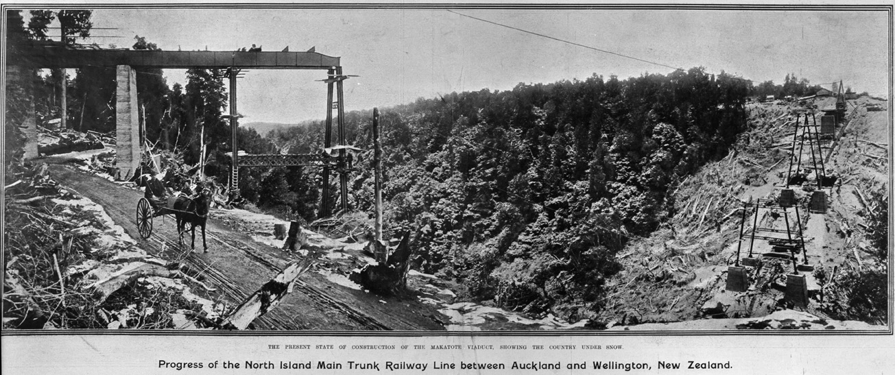 The present state of construction of the Makatote Viaduct, showing the country under snow