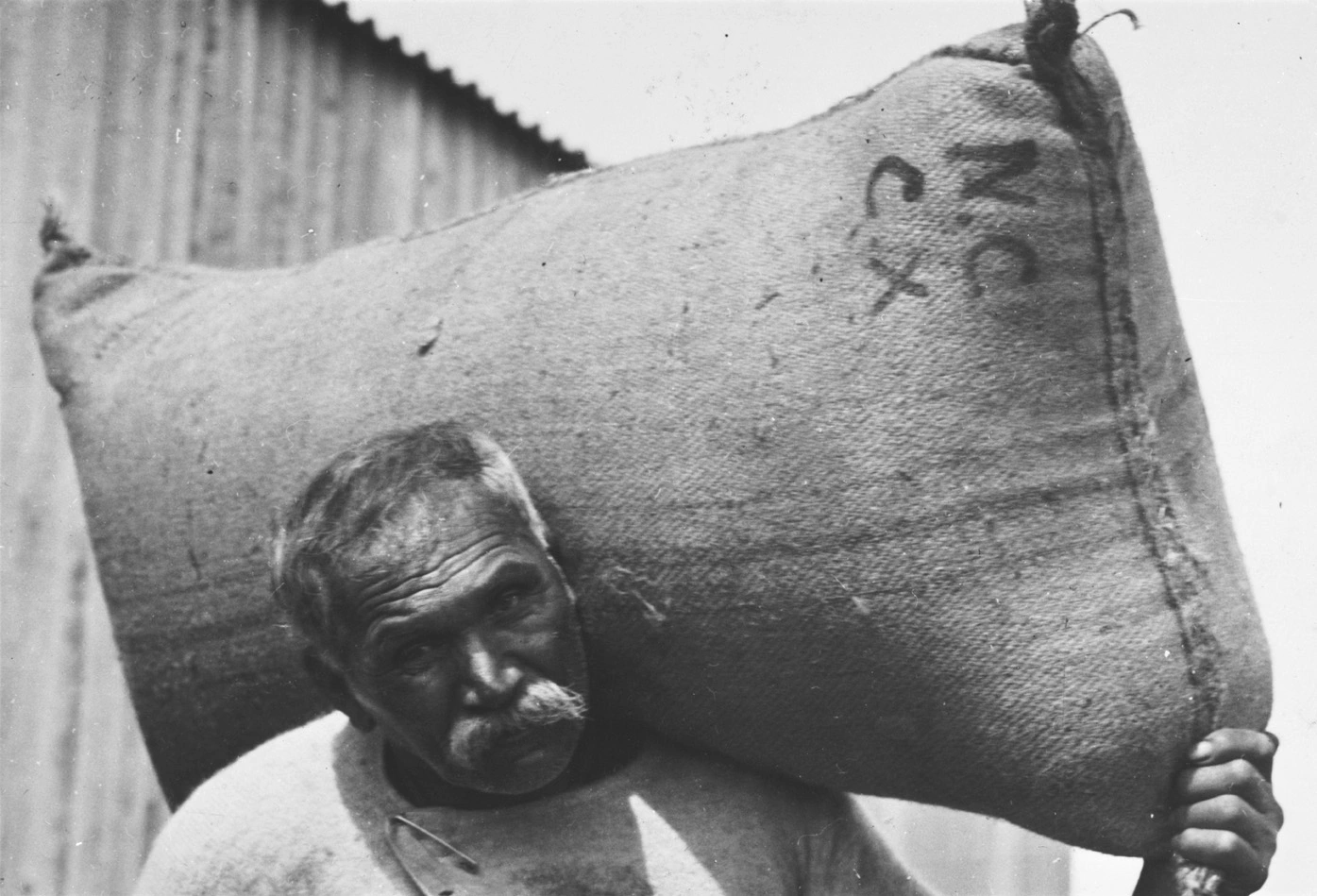 Showing Hepi Kingi carrying a large sack...
