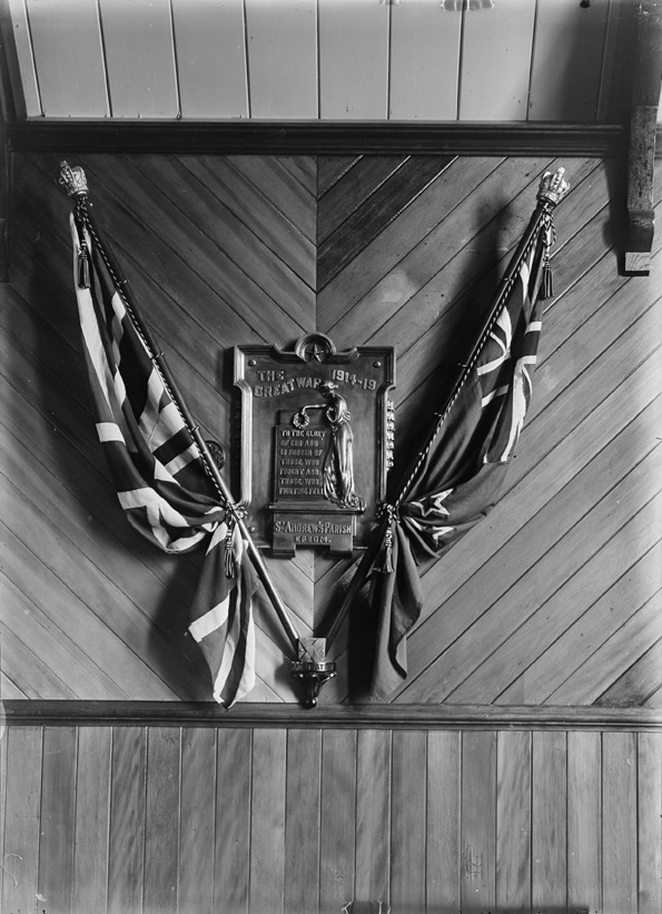Showing the War Memorial plaque, St Andrew's Church, Epsom,....