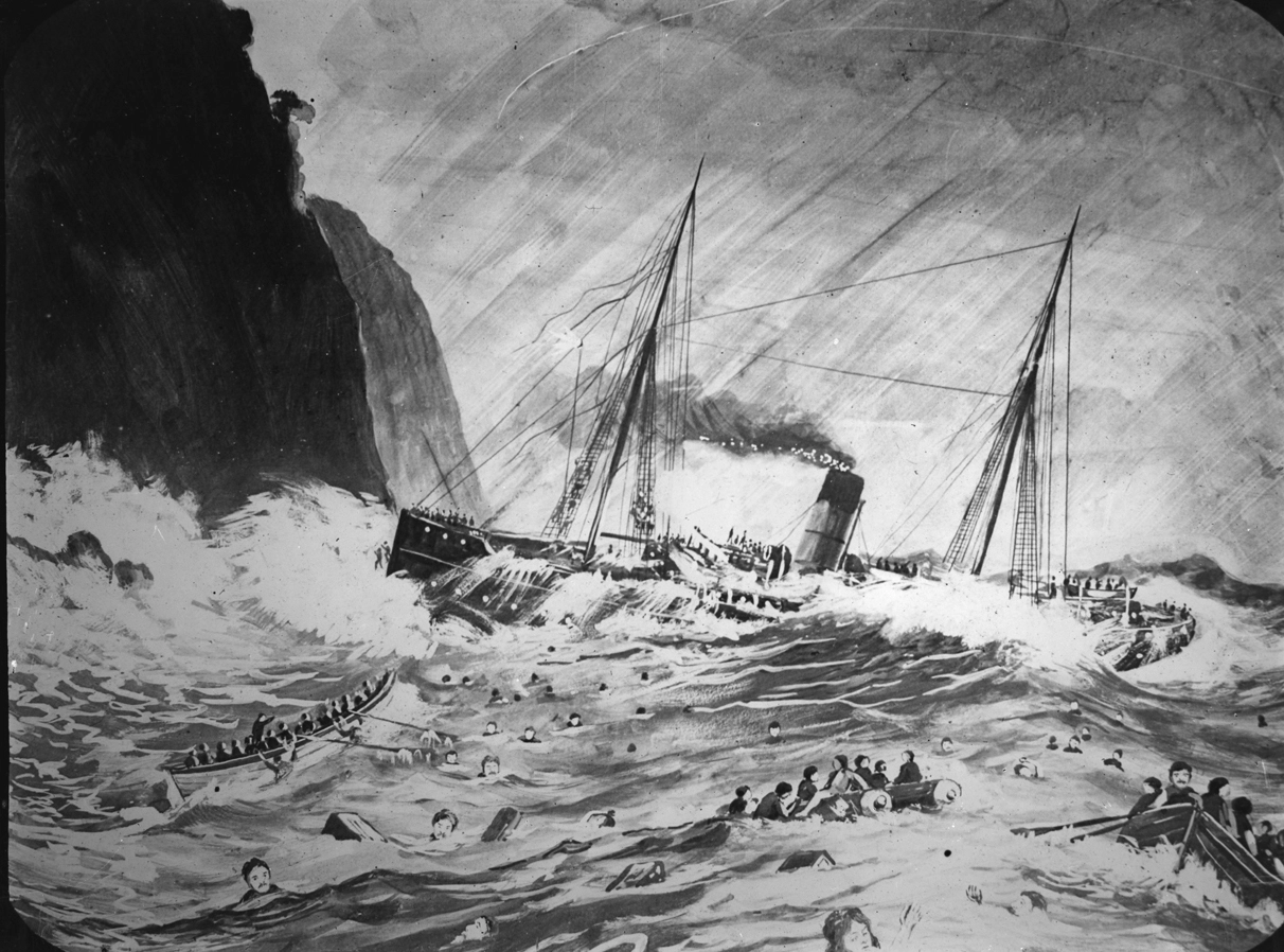 A painting showing the wreck of the S S Wairarapa