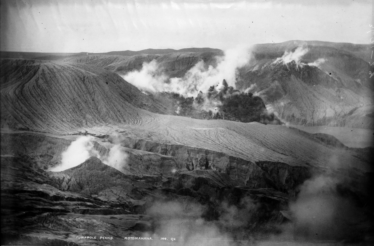 Showing fumarole peaks near the side of the White Terraces on Lake Rotomahana ...