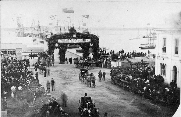Showing Alfred Duke of Edinburgh and Royal Party arriving at Queens Wharf, Auckland Central...
