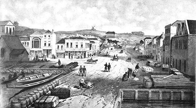 Lithograph of Auckland in year 1852 from Queen Street Wharf showing Queen Street and corner of Shortland Street ...
