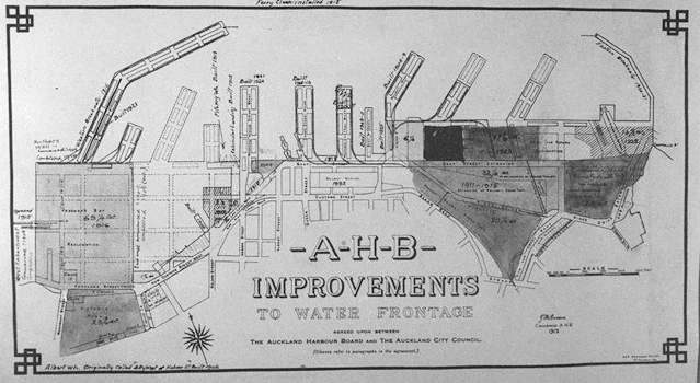 Map of Auckland Harbour Board Improvements to water frontage