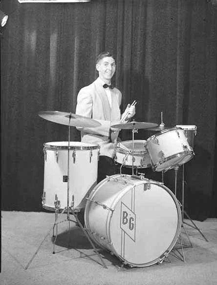 Portrait of Mr Ray Godward with drum kit