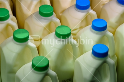 New Zealand green and blue plastic milk bottles, (ISO500).