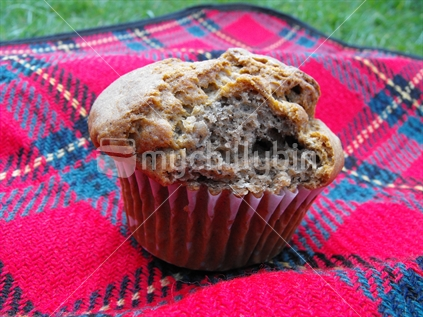 A banana muffin on a picnic blanket
