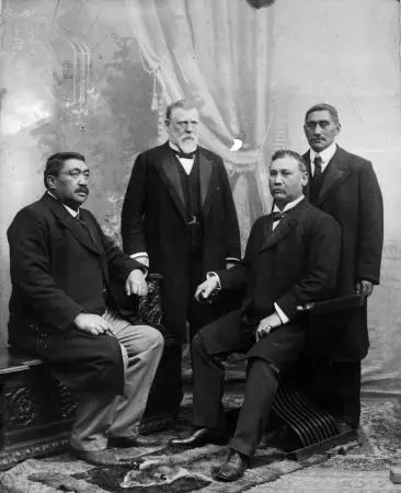Political opponents: from left, Henare Kaihau, Richard Seddon, James Carroll, King Mahuta.