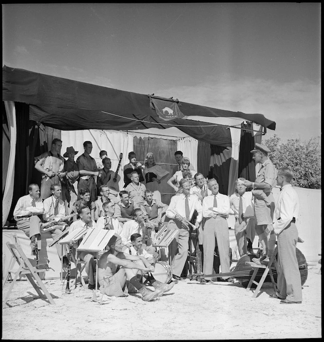 Members of Kiwi Concert Party rehearsing behind Alamein front, Egypt