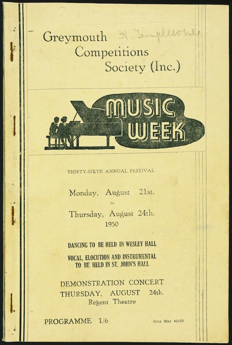 Greymouth Competitions Society (Inc) :Music week; thirty-sixth annual festival. Monday, August 21st to Thursday, August 24th, 1950. [Programme cover].
